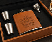 Personalised tan leather hip flask gift set with engraved flask, two shot cups, funnel and luxury presentation box.