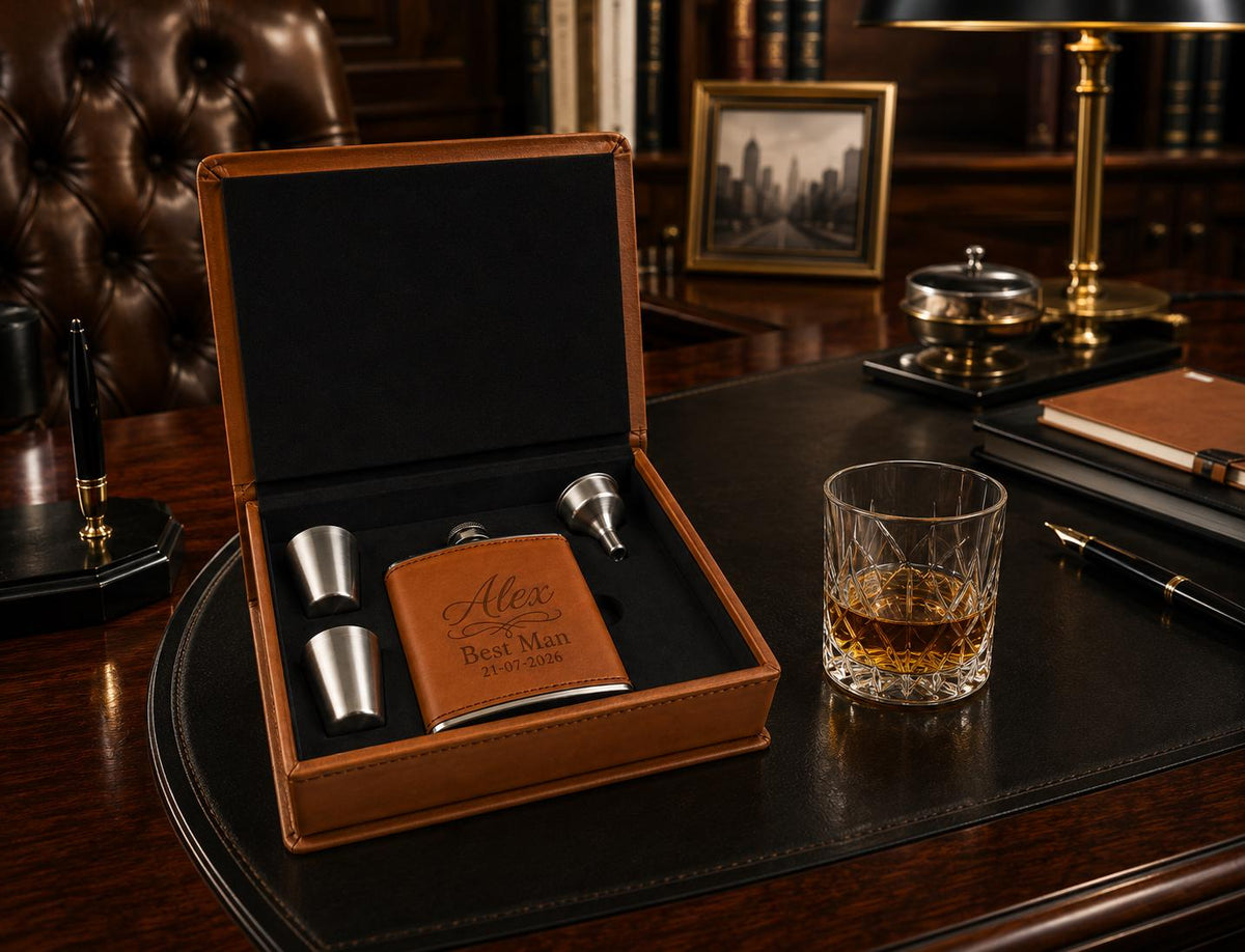 Luxury Groomsman gift set featuring an engraved 6oz leather hip flask, two stainless steel cups and funnel.