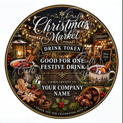 40mm Christmas drink token featuring festive hot chocolate mugs, candy canes, gingerbread biscuits, marshmallows and holiday sweets.
