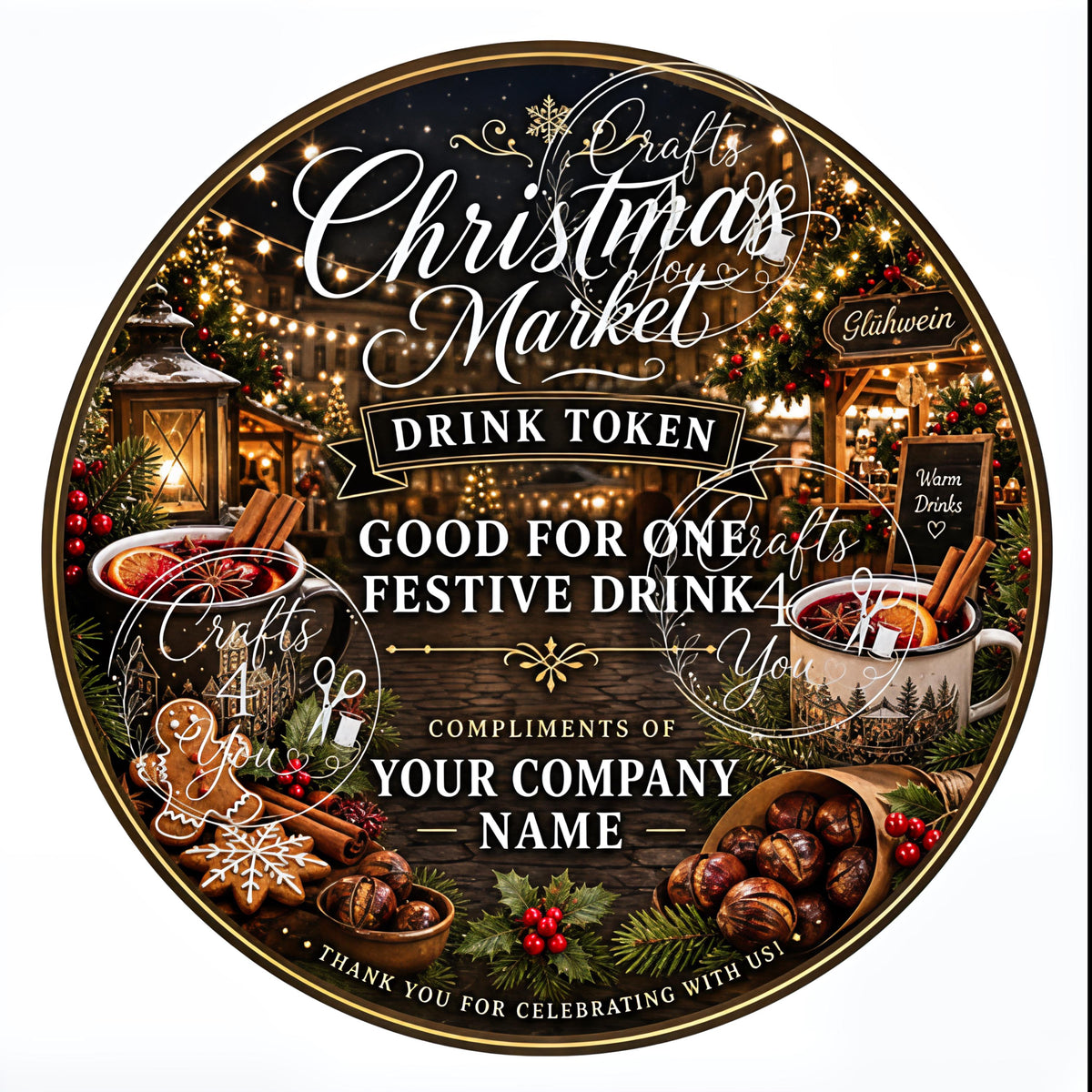40mm Christmas drink token featuring festive hot chocolate mugs, candy canes, gingerbread biscuits, marshmallows and holiday sweets.
