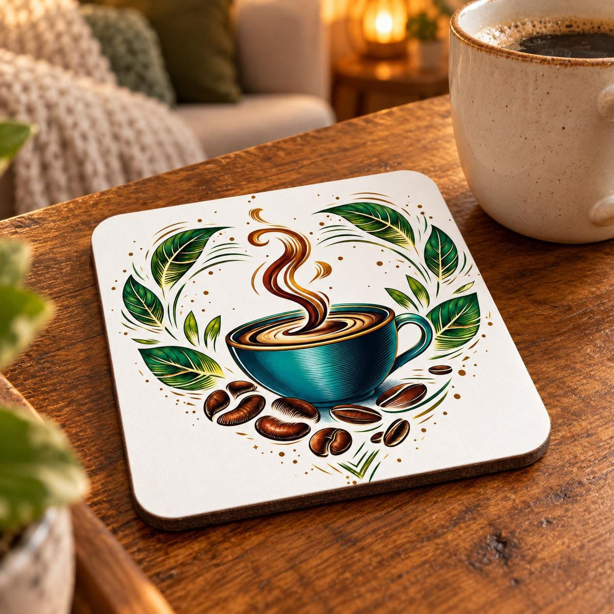 Colourful square coaster showing a teal coffee cup surrounded by decorative green leaves, golden details, coffee beans and rising steam.
