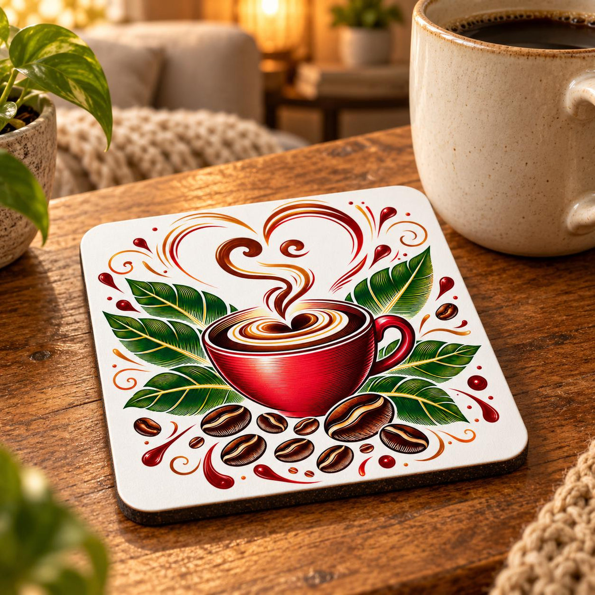 Vibrant square coffee coaster showing a glossy red cup, swirling coffee, heart-shaped steam, tropical green leaves and coffee beans on white.