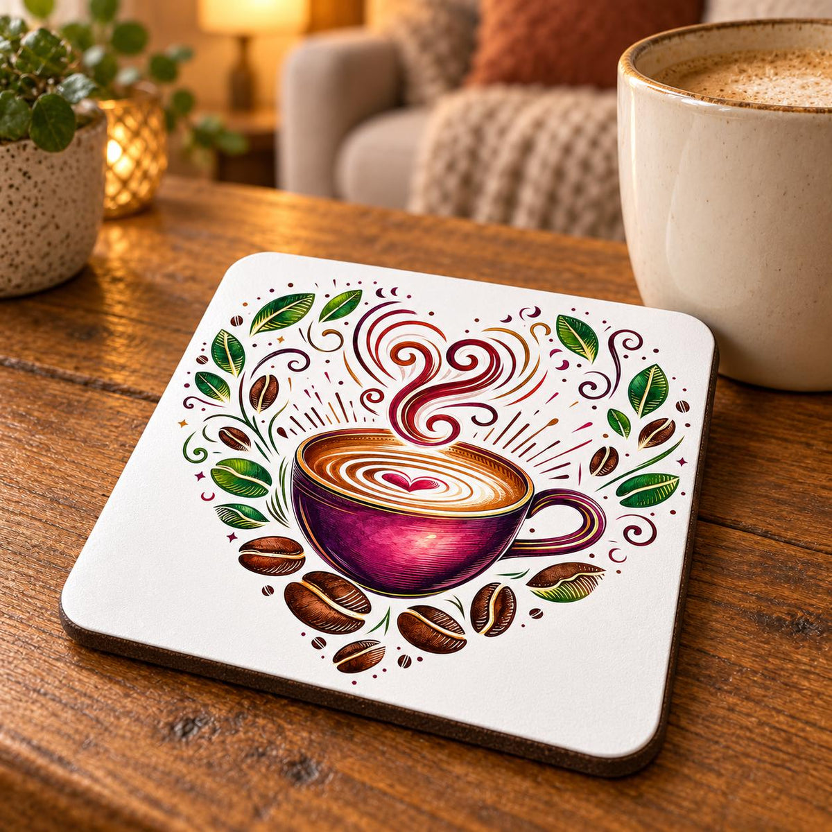 Square coffee coaster featuring a purple and pink cup with heart-shaped latte art, decorative swirls, green leaves and roasted coffee beans.
