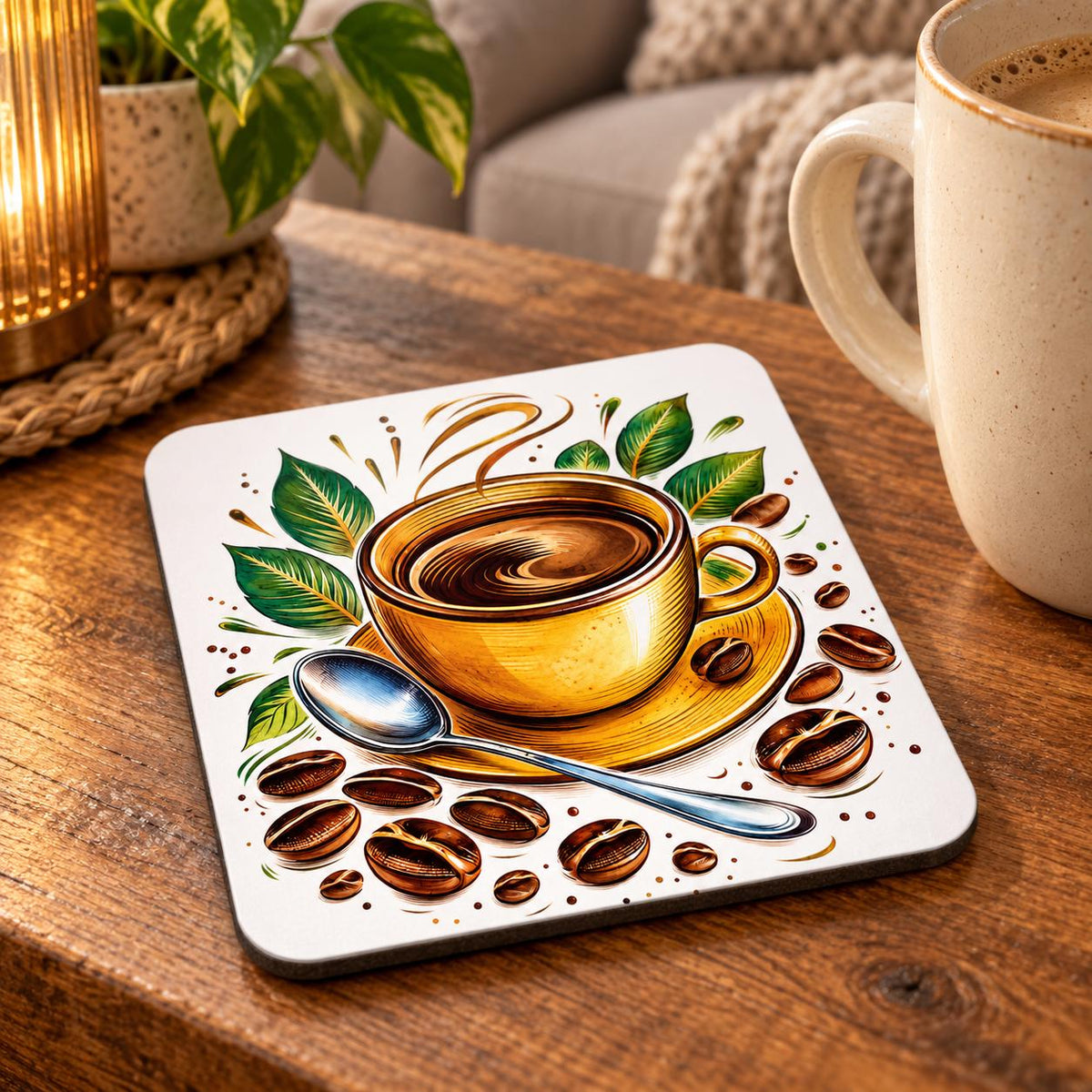 Square coffee coaster featuring a yellow cup and saucer, swirling coffee, green leaves, roasted beans and a silver spoon on a white background.
