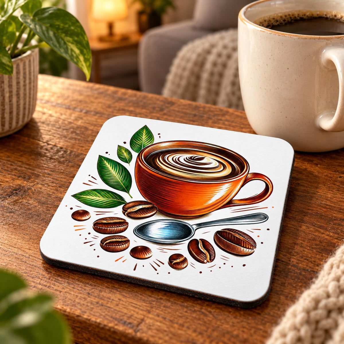 Colourful square coaster showing an orange coffee cup with cream swirl, green leaves, coffee beans and a silver spoon on a white background.