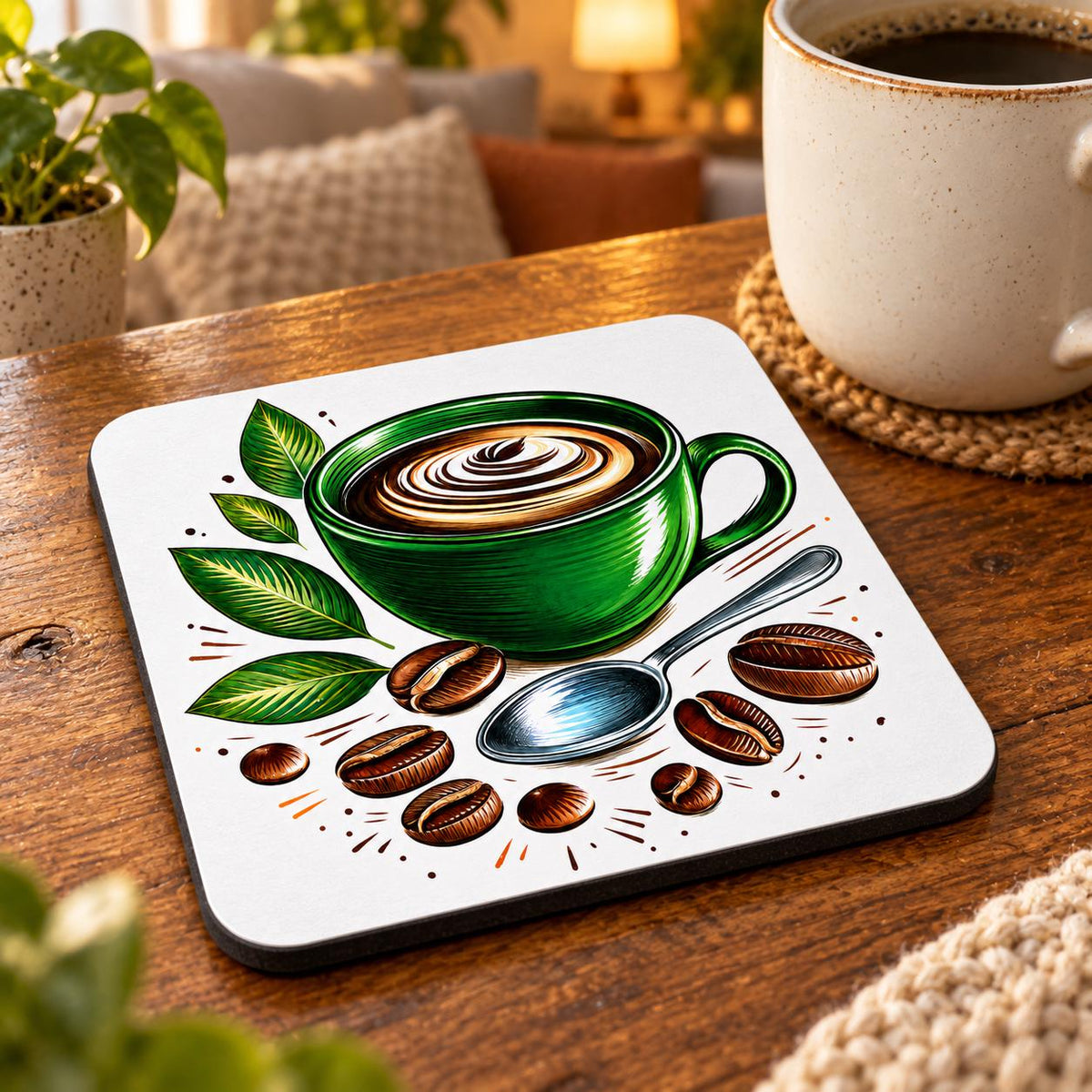 Square coffee coaster featuring a rich green cup, swirling coffee, decorative leaves, roasted beans and a silver spoon on a white background.