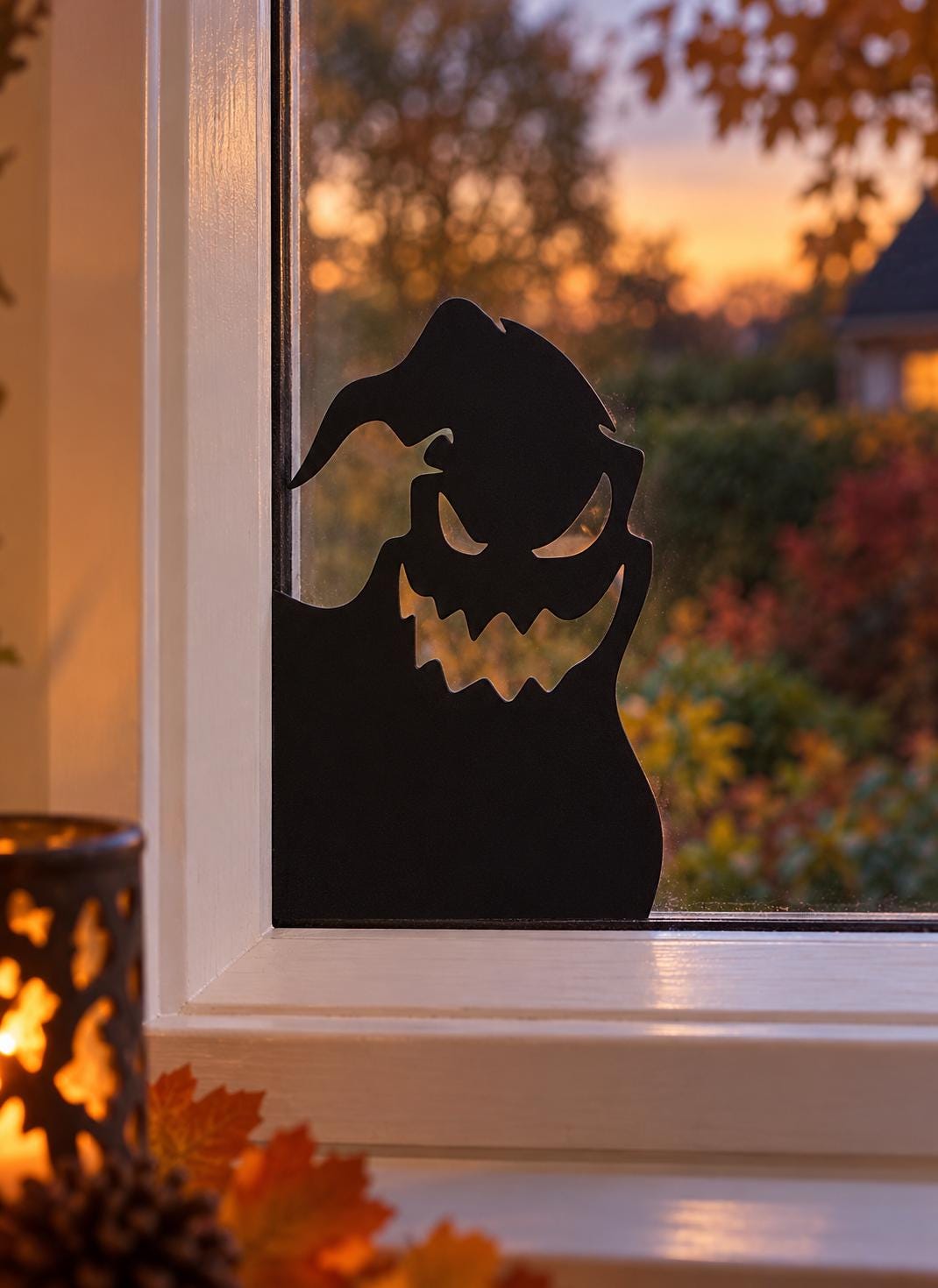 Large black ghost window-corner silhouette shown against a softly lit autumn garden, demonstrating the 40 cm tall Halloween decoration.