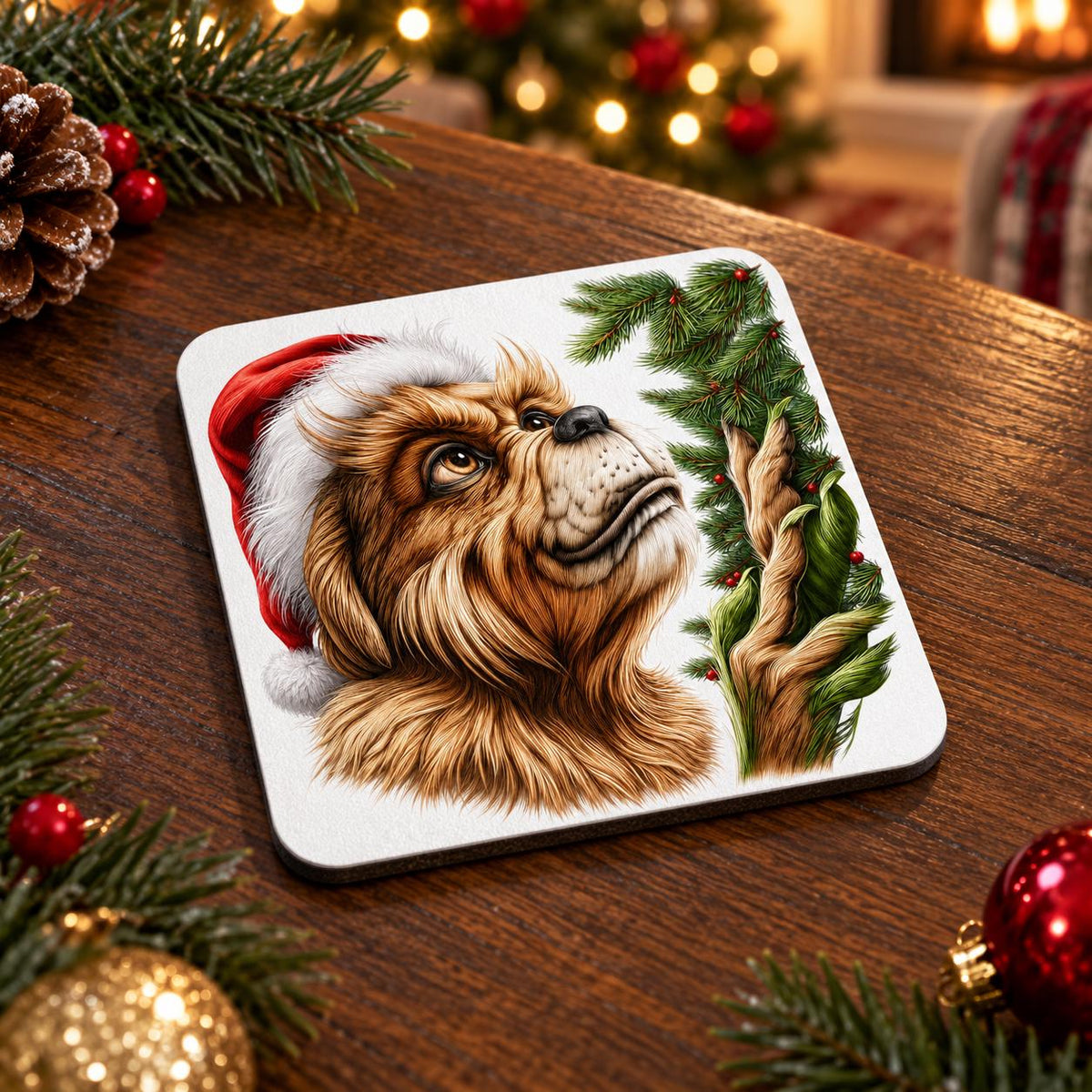 Festive coaster showing a Christmas Grinch character in a Santa hat reaching towards evergreen branches with red berries.