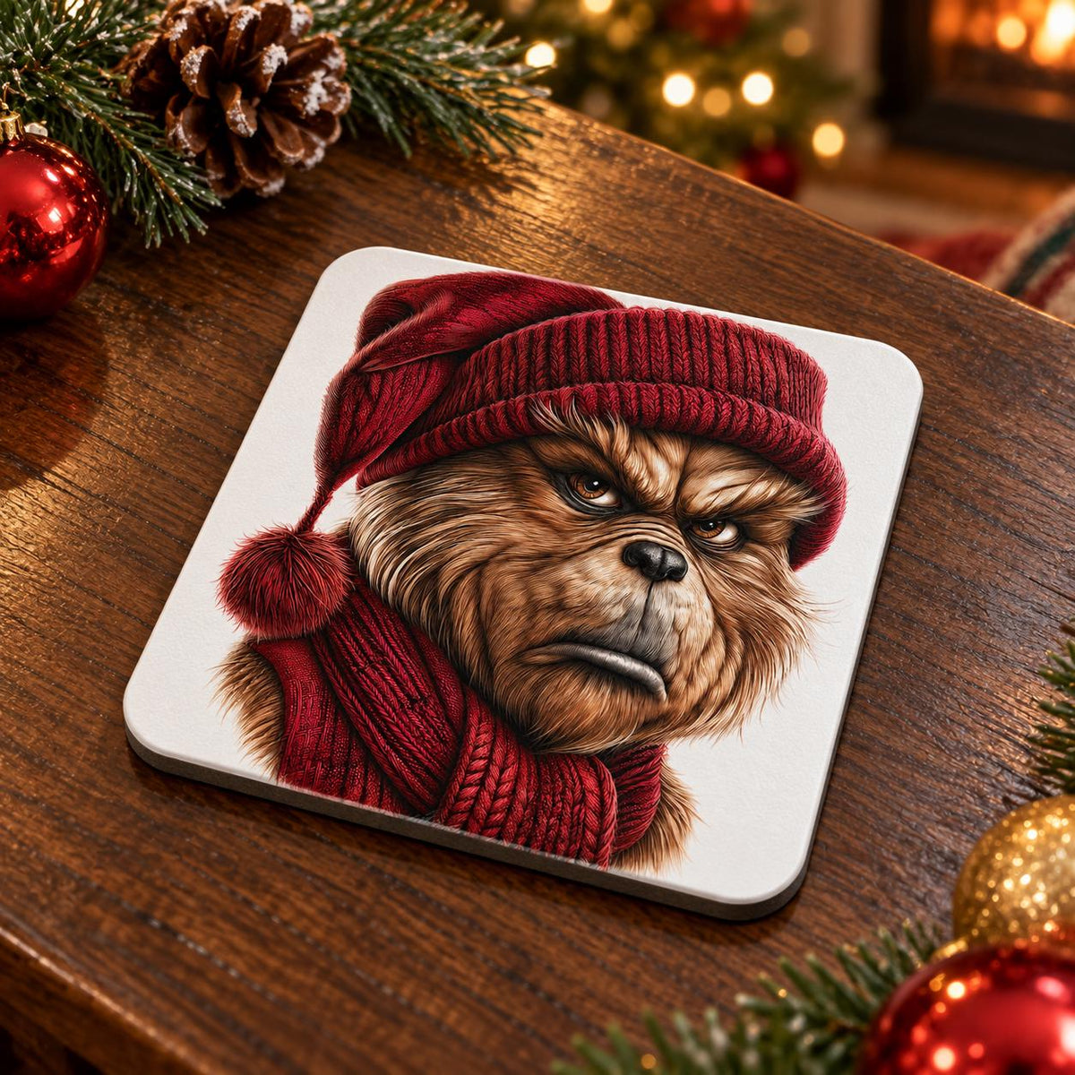Close-up of a grumpy brown festive character coaster wearing a knitted red Christmas hat and matching scarf. Christmas Grinch