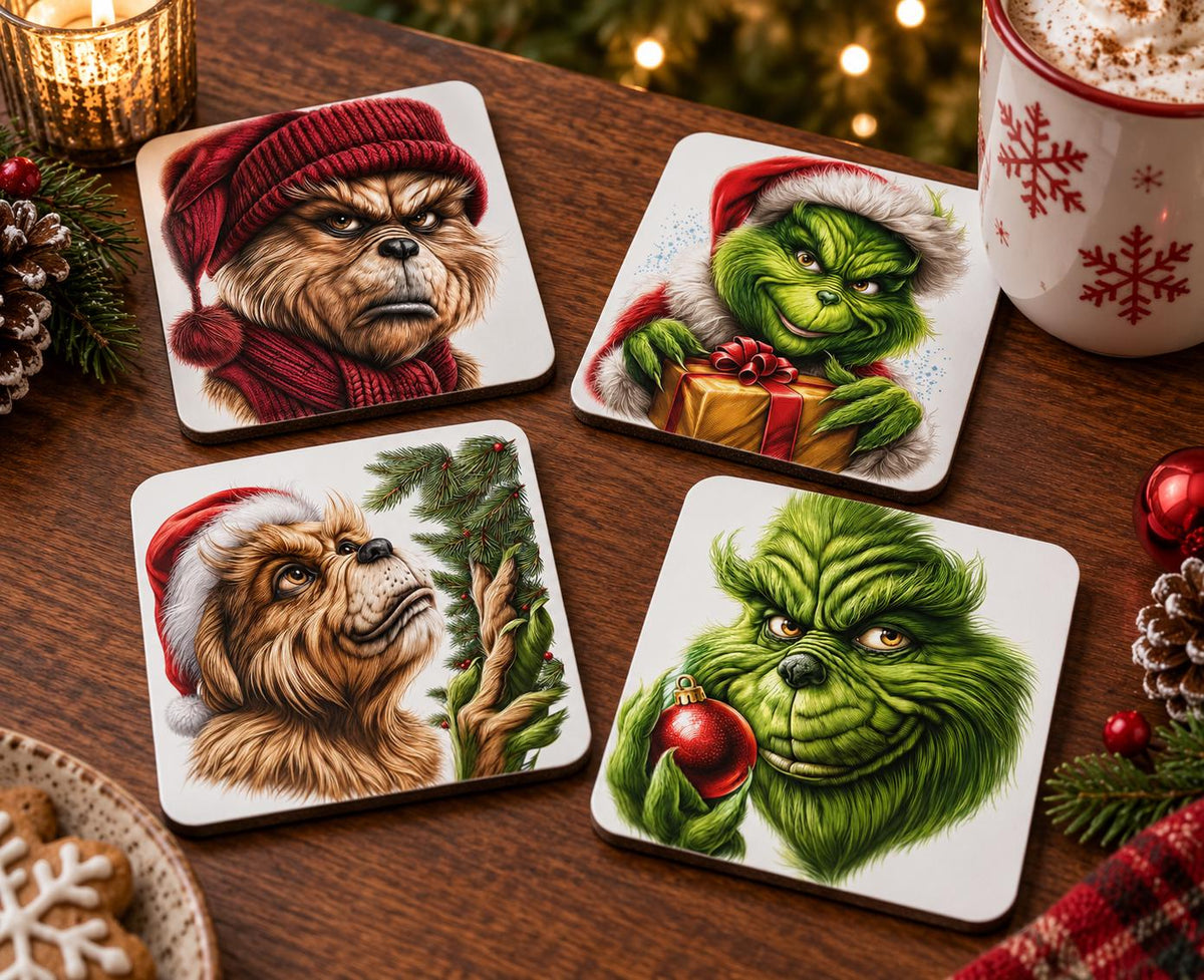 Set of four square Christmas Grinch coasters displayed on a festive wooden coffee table with seasonal decorations.