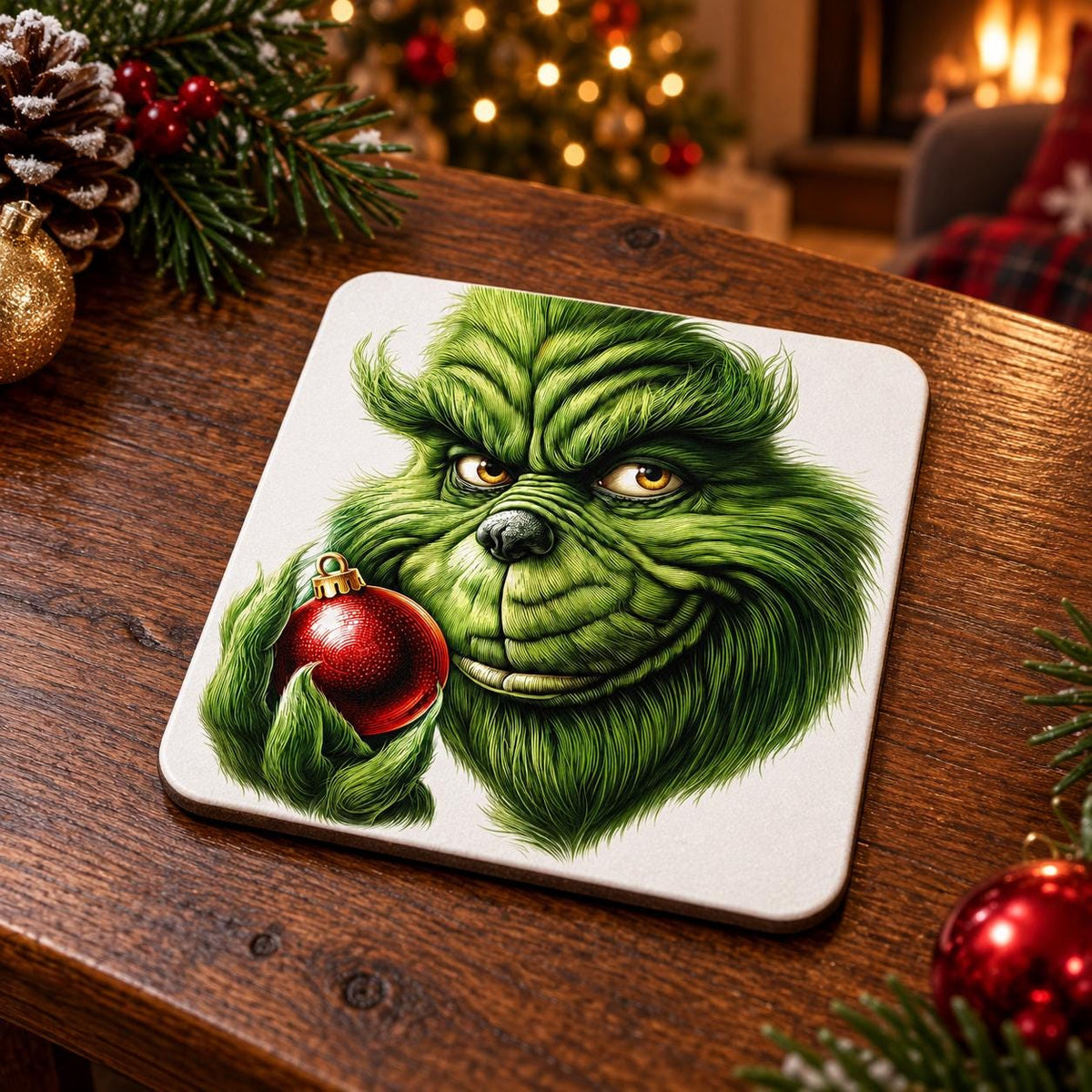 Green Christmas Grinch coaster featuring a detailed furry character holding a shiny red bauble on a festive coffee table.
