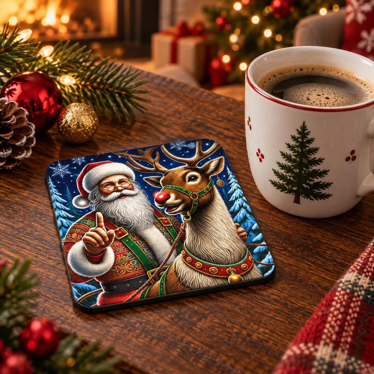 Detailed Santa Christmas coaster showing Father Christmas raising one finger beside a smiling red-nosed reindeer.