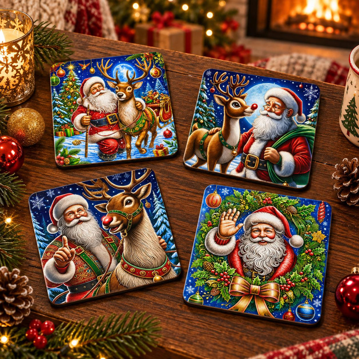 Set of four colourful square Santa and reindeer Christmas coasters arranged on a festive wooden coffee table.