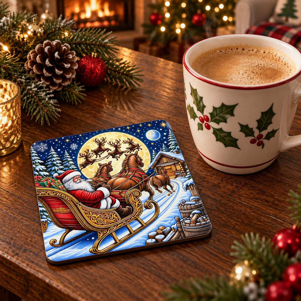 Colourful festive coaster featuring Santa in his sleigh with horses, flying reindeer, a full moon and a snowy cabin.