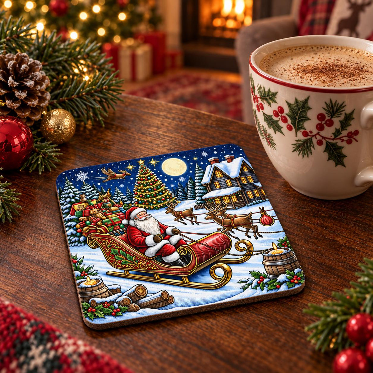 Santa Christmas coaster showing a gift-filled sleigh, three reindeer, a decorated tree and a snowy moonlit house.