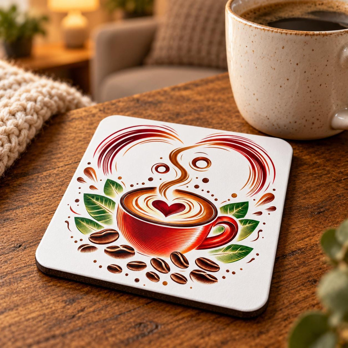 Square coffee coaster featuring a bright red cup with heart-shaped latte art, curling steam, green leaves and scattered roasted coffee beans.