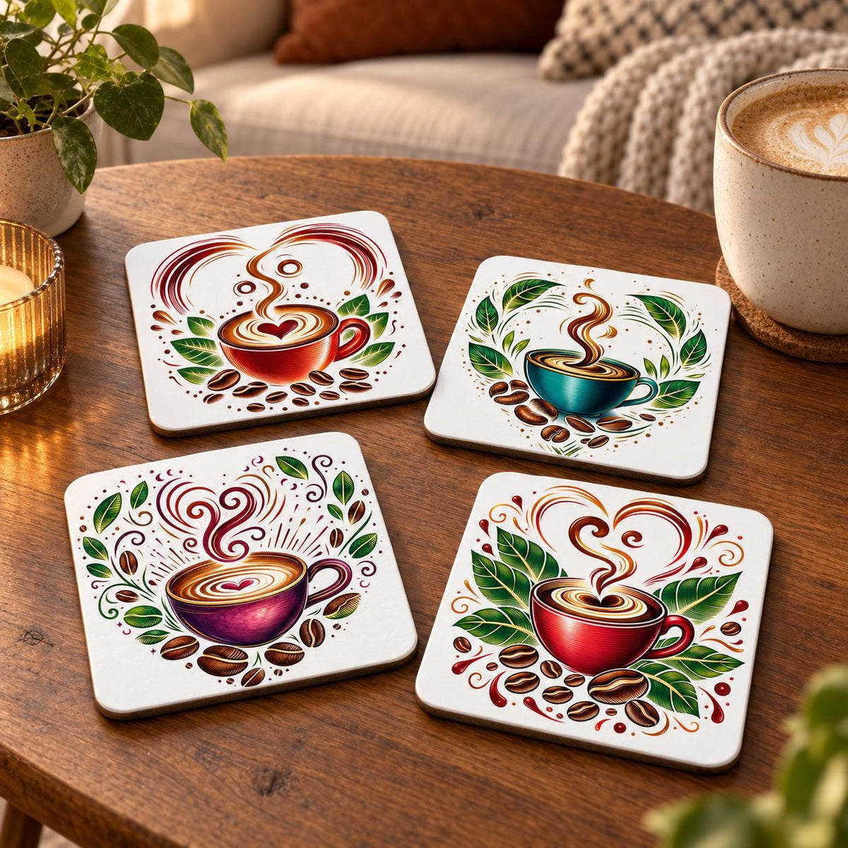 Set of four square coffee coasters displayed on a wooden coffee table in a cosy lounge, featuring colourful red, teal and purple cups, leaves and coffee beans.