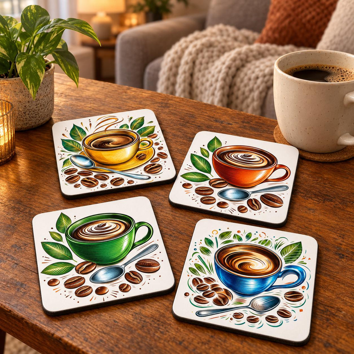 Set of four colourful square coffee coasters arranged on a wooden coffee table in a warm lounge, featuring yellow, orange, green and blue cup designs.