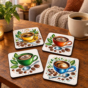 Set of four colourful square coffee coasters arranged on a wooden coffee table in a warm lounge, featuring yellow, orange, green and blue cup designs.