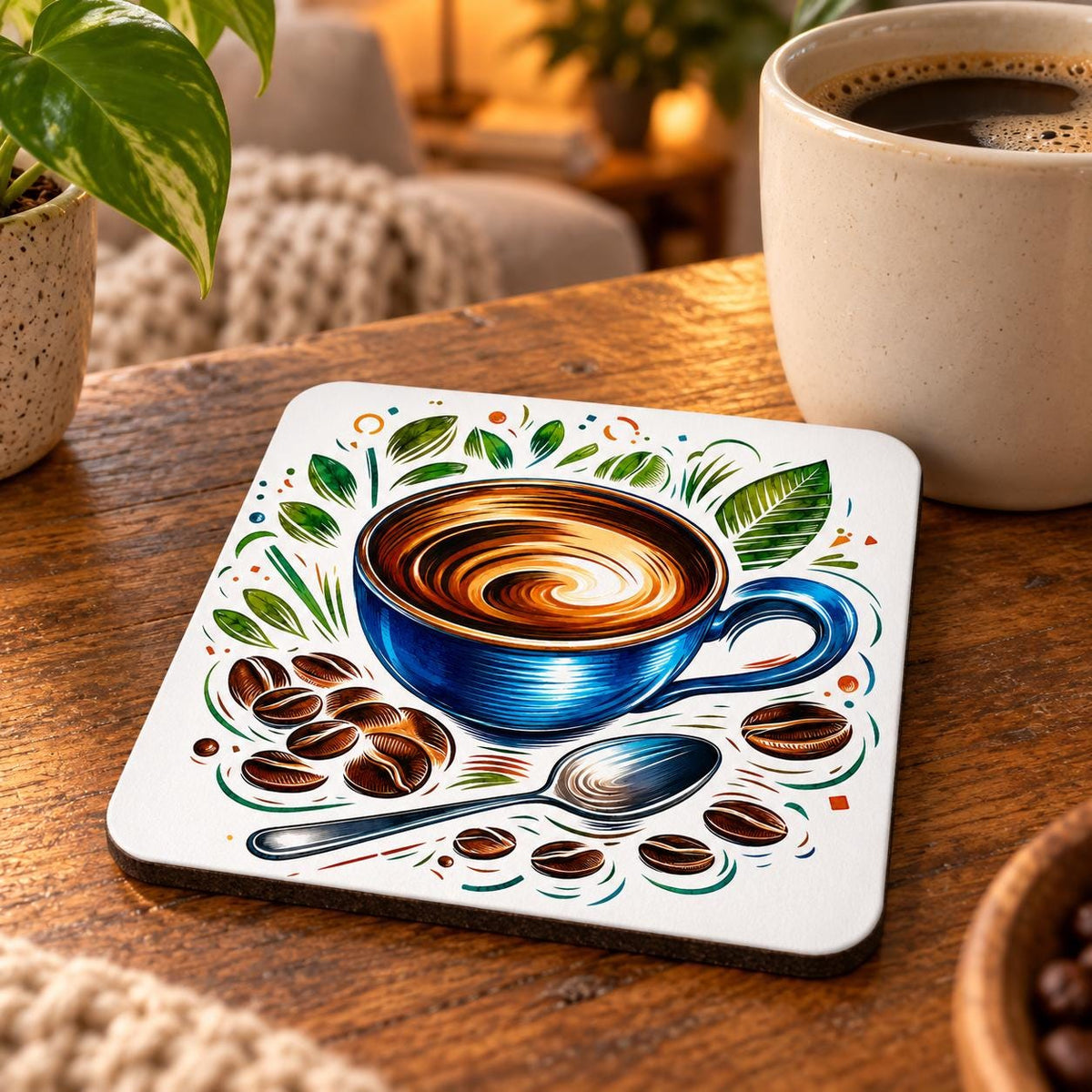 Colourful square coaster showing a bright blue coffee cup surrounded by green leaves, roasted coffee beans and a silver spoon.