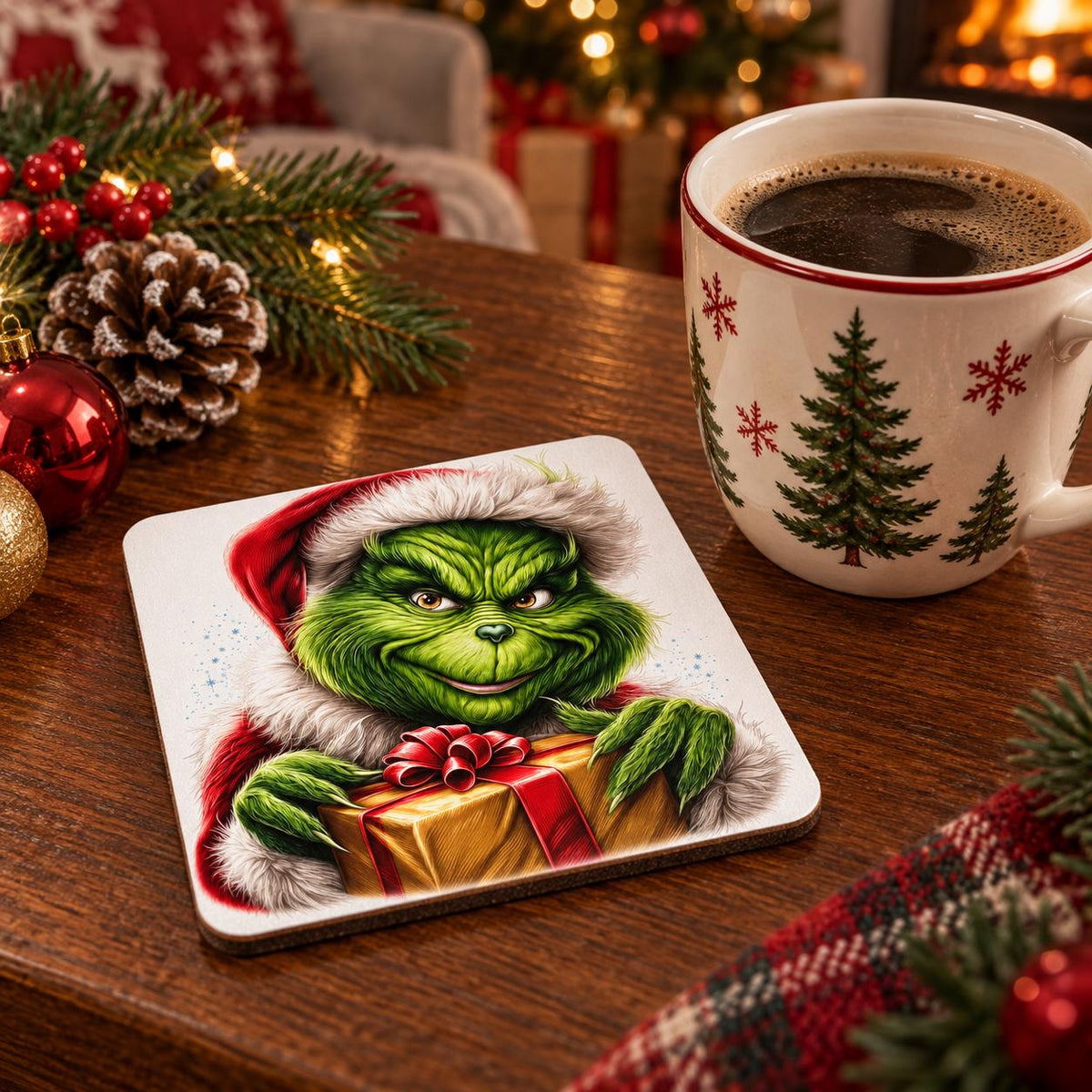 Square Christmas coaster featuring a mischievous green character in a Santa outfit holding a gold wrapped present.
