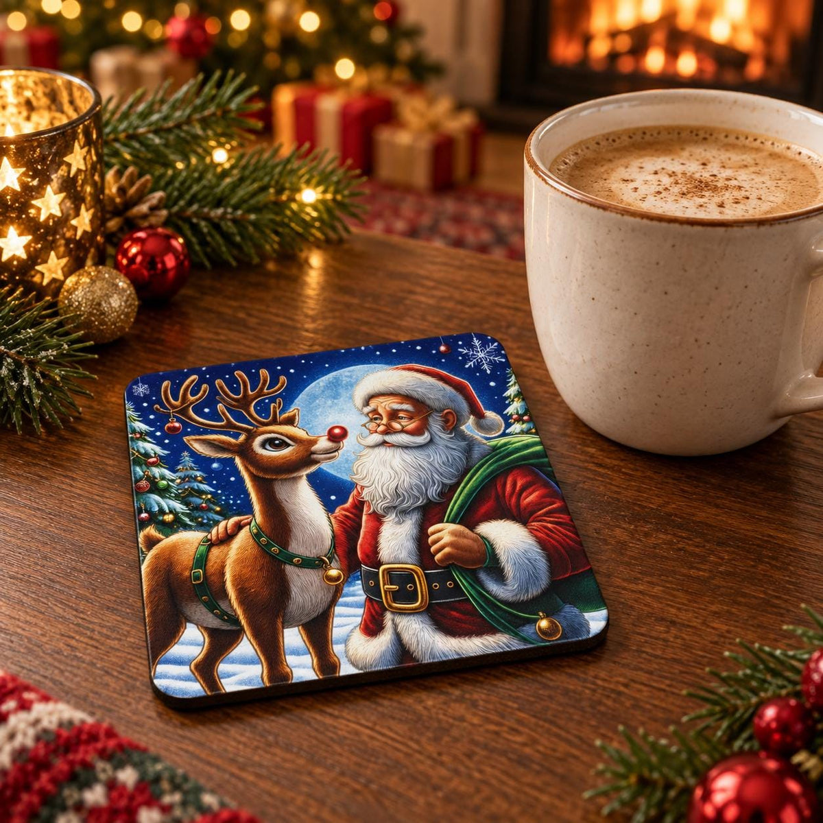 Square festive coaster featuring Santa and a red-nosed reindeer together beneath the moon in a snowy Christmas scene.