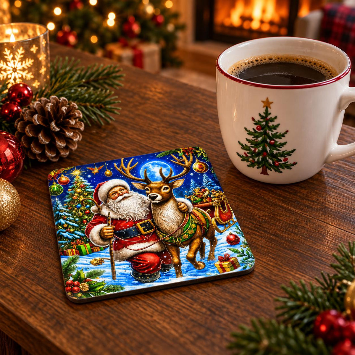 Colourful Christmas coaster showing Santa walking beside a reindeer with a decorated tree, sleigh and snowy blue sky.
