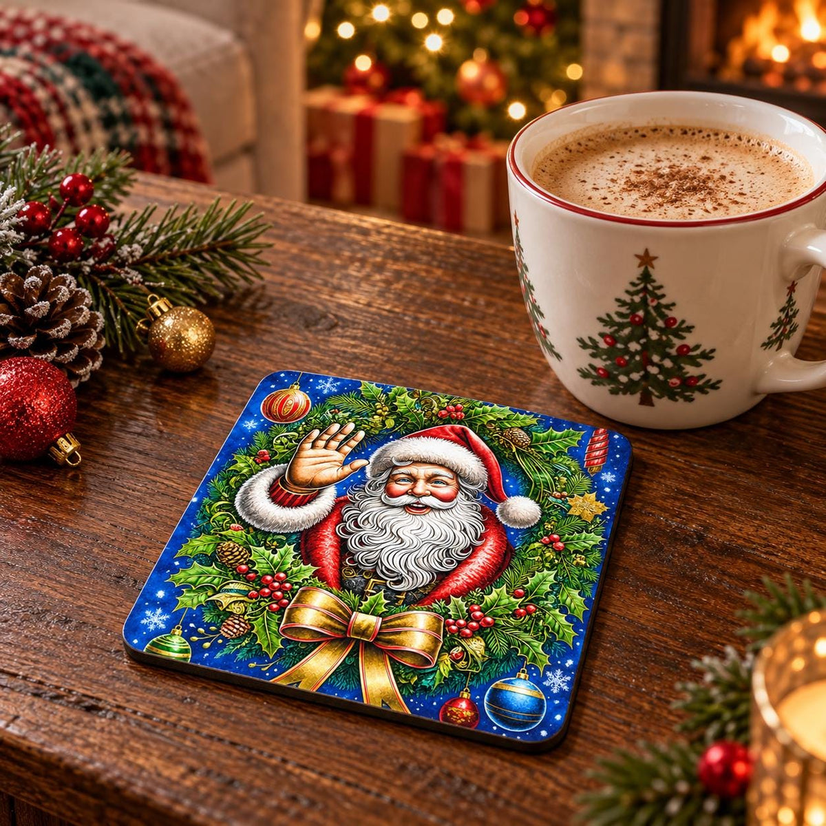 Colourful festive coaster featuring a waving Santa surrounded by holly, red berries, ornaments and a large gold bow.