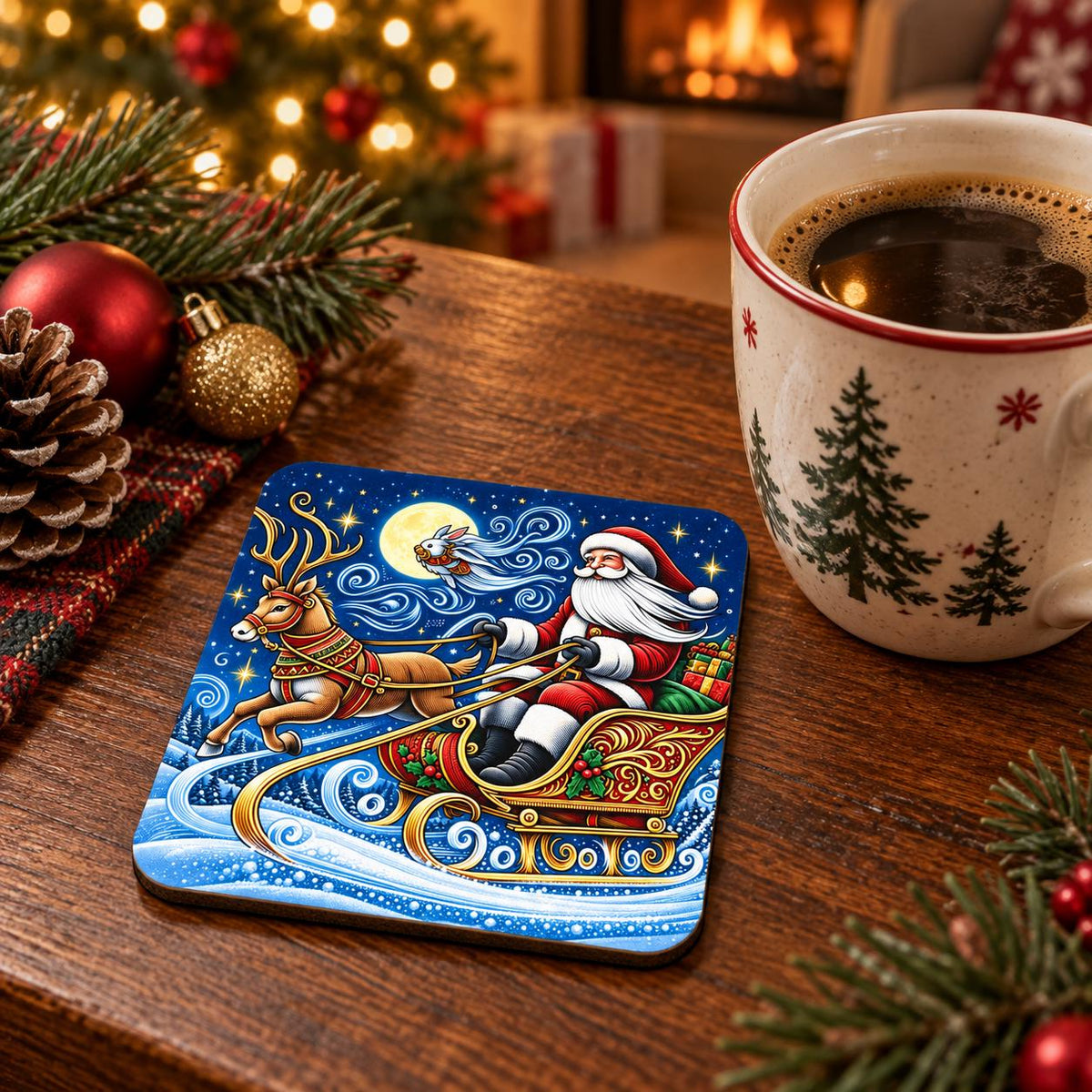 Square Christmas coaster showing Santa travelling in an ornate red-and-gold sleigh beneath a moonlit blue winter sky.