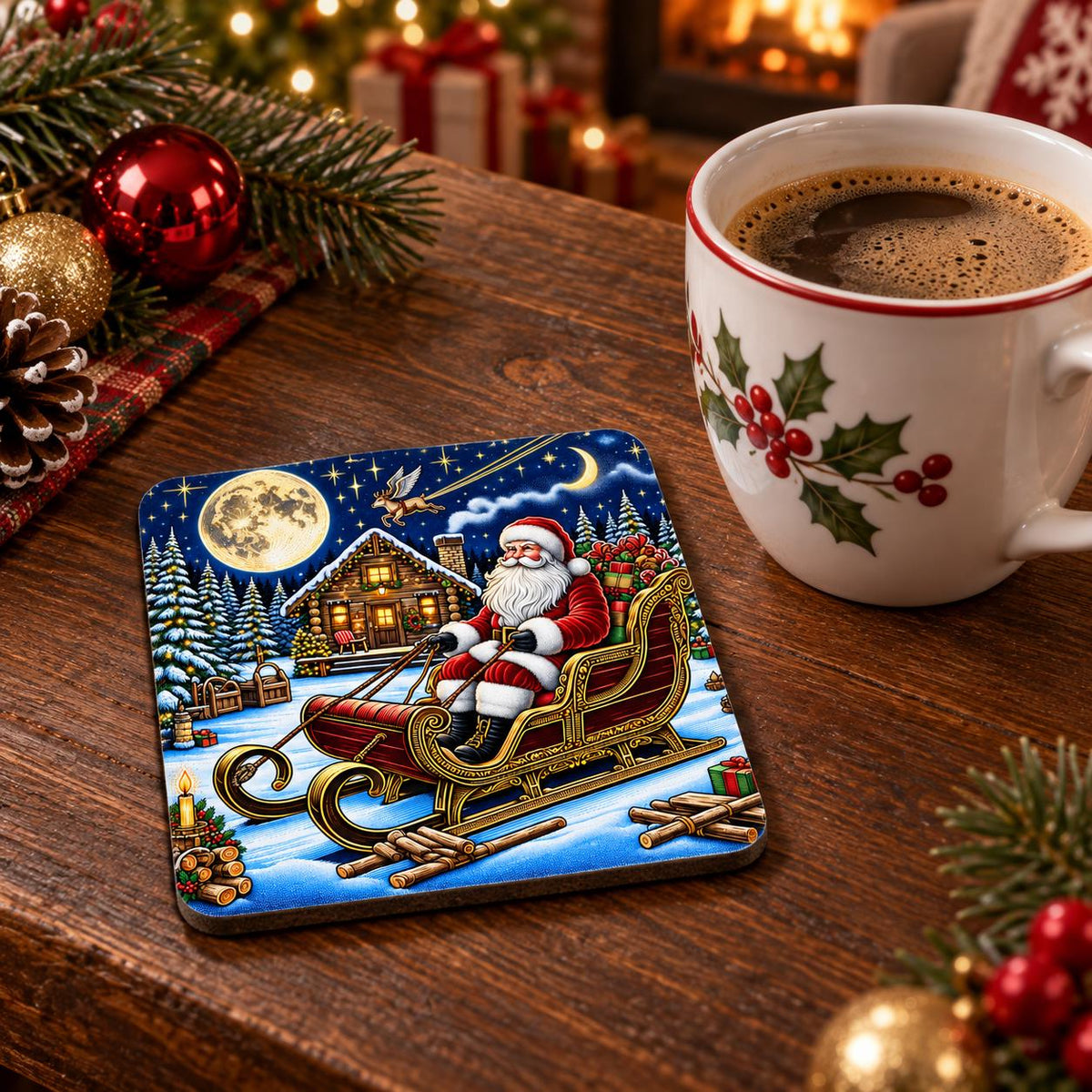 Detailed festive coaster featuring Santa seated in a golden sleigh outside a glowing log cabin beneath the moon and stars.