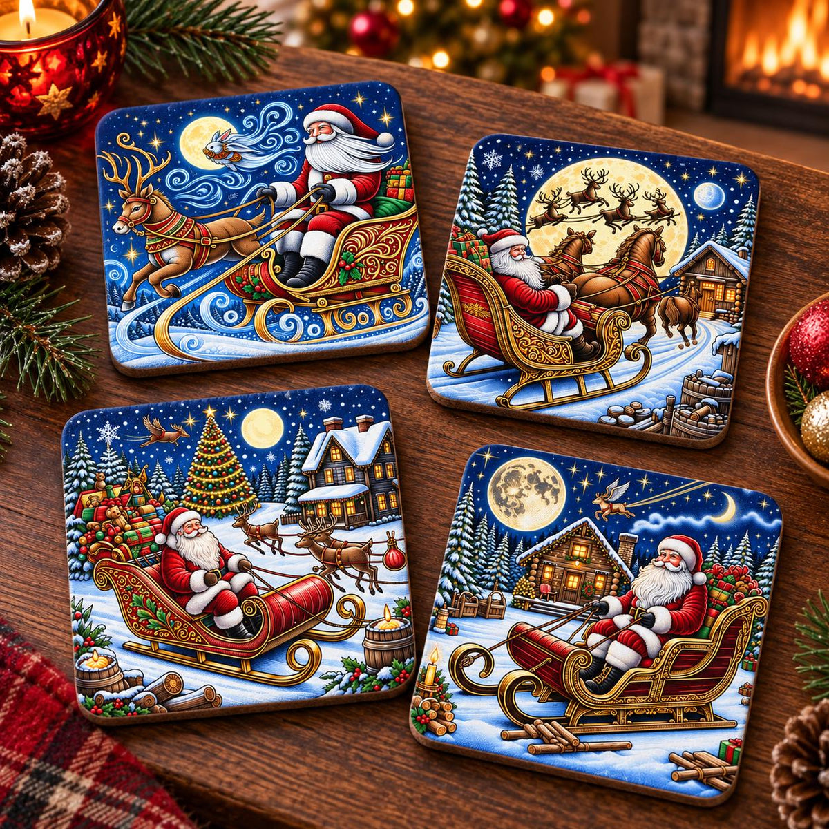 Set of four colourful Santa sleigh Christmas coasters arranged on a festive wooden coffee table with seasonal decorations.
