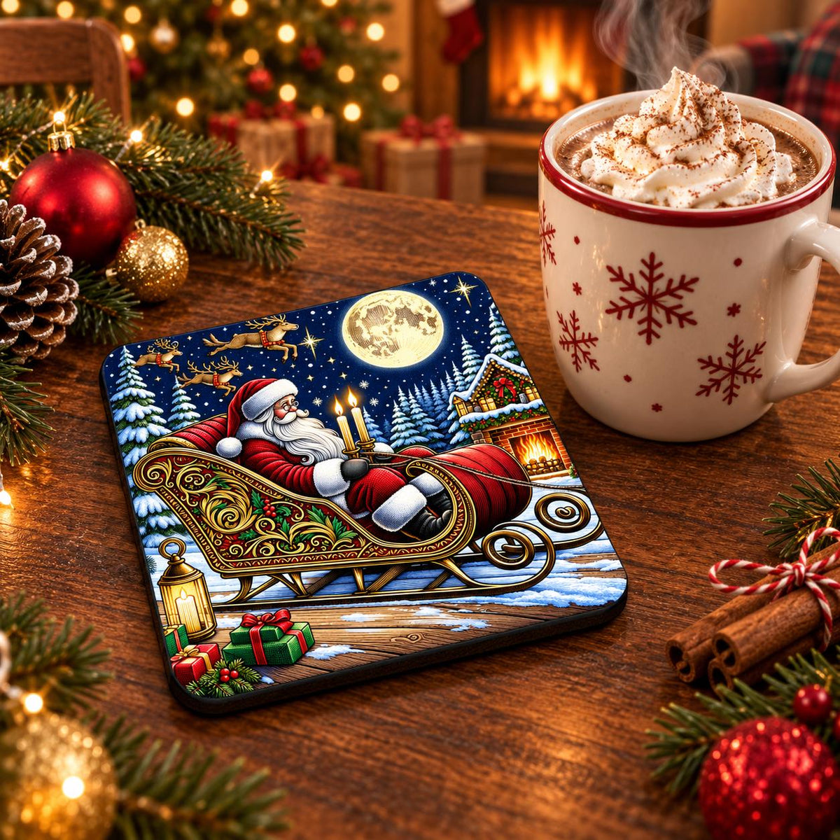 Festive square coaster featuring Santa holding candles in a detailed red and gold sleigh beside a snowy cabin and glowing fireplace.