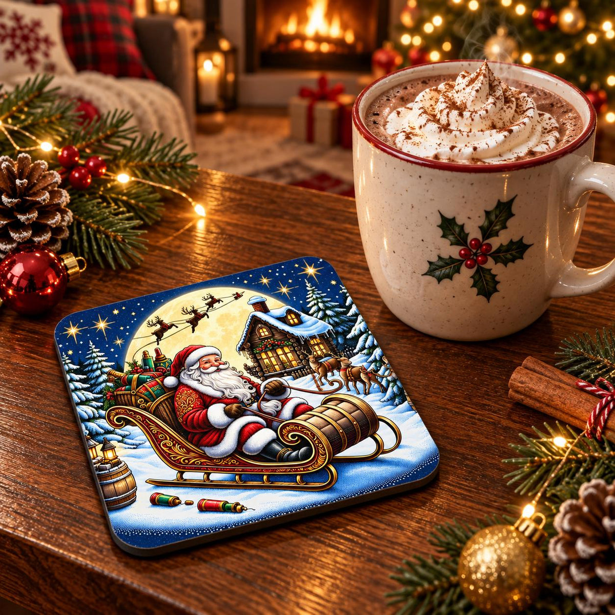 Christmas coaster featuring Santa in an ornate sleigh beneath a glowing moon, surrounded by snowy trees, reindeer and a winter cabin.