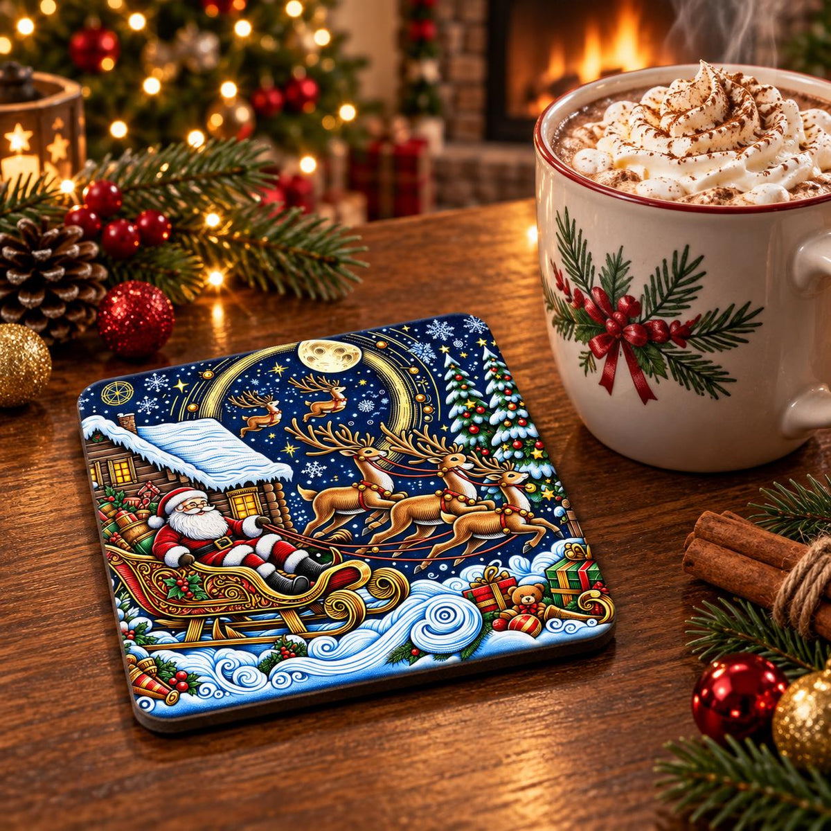 Colourful Santa coaster showing reindeer flying through a starry blue sky above snow, presents and decorated Christmas trees.