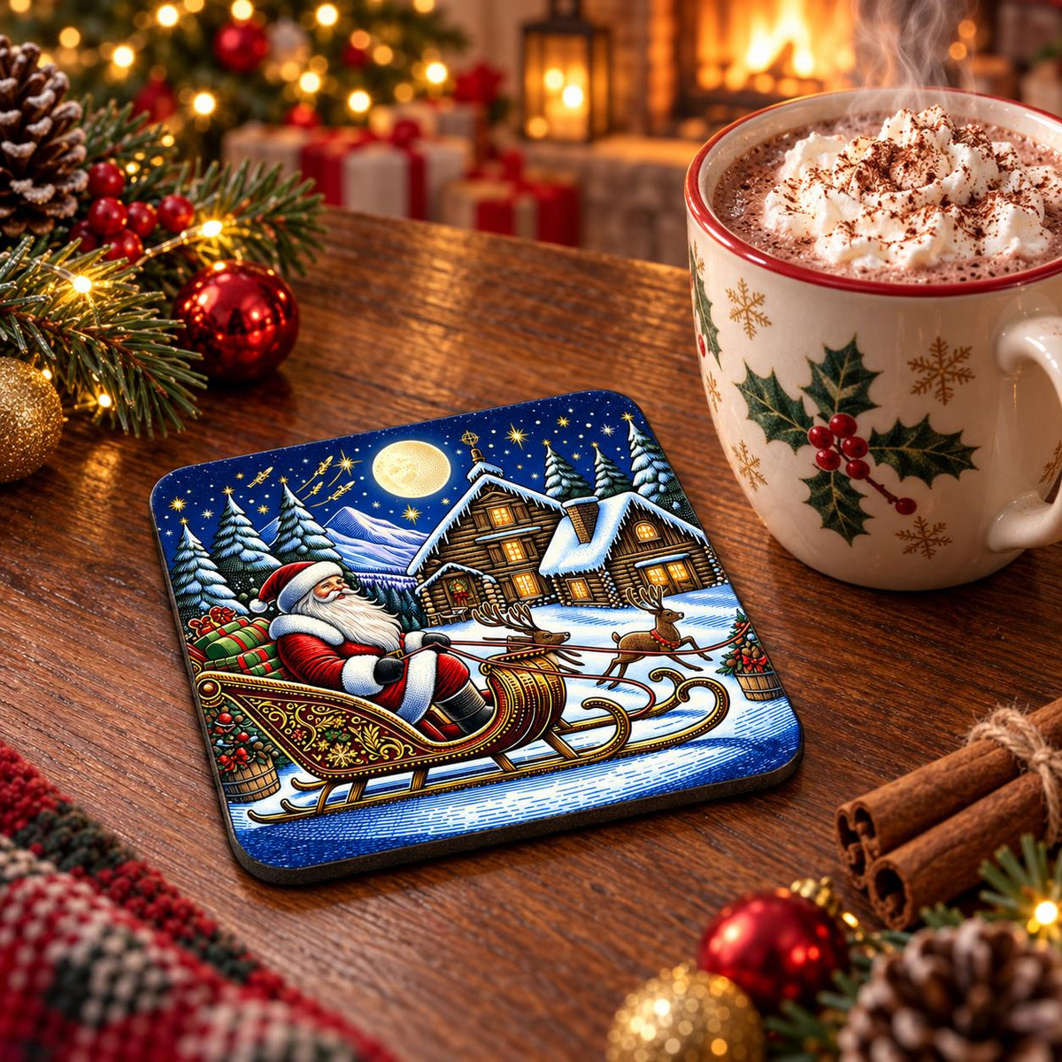 Santa Christmas coaster showing a gift-filled sleigh, running reindeer, snowy log cabins, pine trees, mountains and a golden moon.