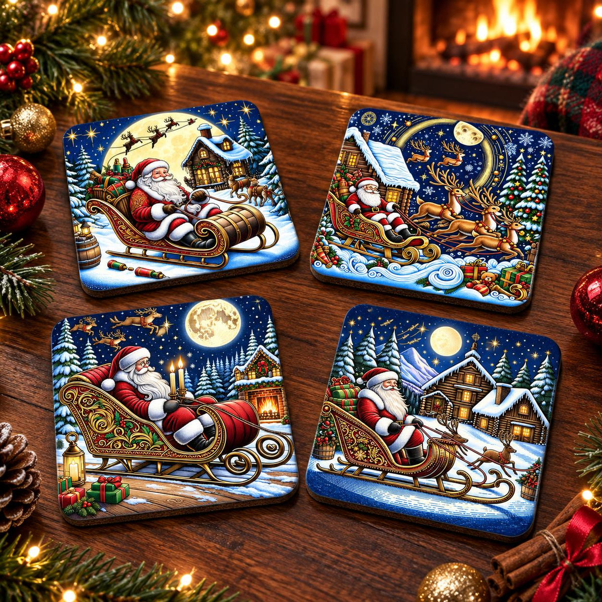 Set of four colourful square Santa Christmas coasters displayed on a festive wooden coffee table with seasonal decorations.