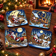 Set of four colourful square Santa Christmas coasters displayed on a festive wooden coffee table with seasonal decorations.