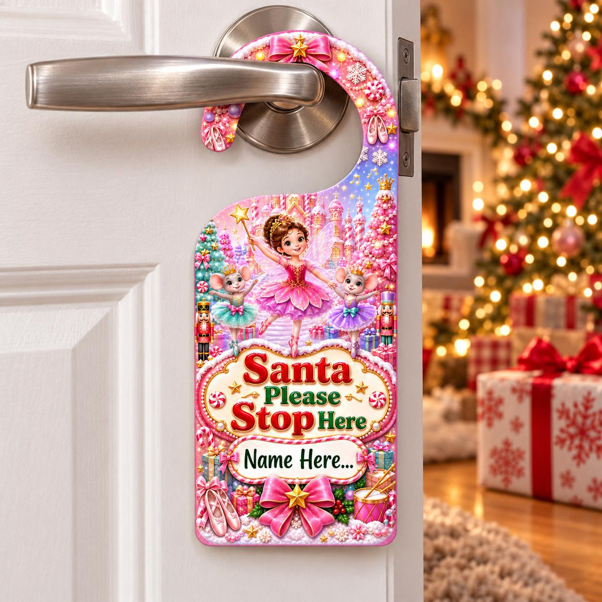 Personalised Santa Please Stop Here Christmas door hanger with a space for a child’s name.