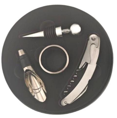Four-piece wine tool set arranged inside its round case, showing the corkscrew, stopper, collar and pourer.