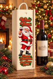 Personalised wooden Christmas wine box with rope handle, colourful Santa artwork and Wine Time wording beside a red wine bottle.