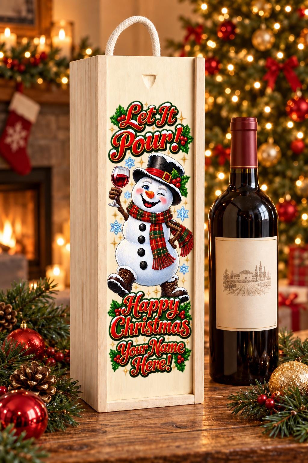 Personalised wooden Christmas wine box with rope handle, colourful snowman design and Let It Pour wording beside a red wine bottle.