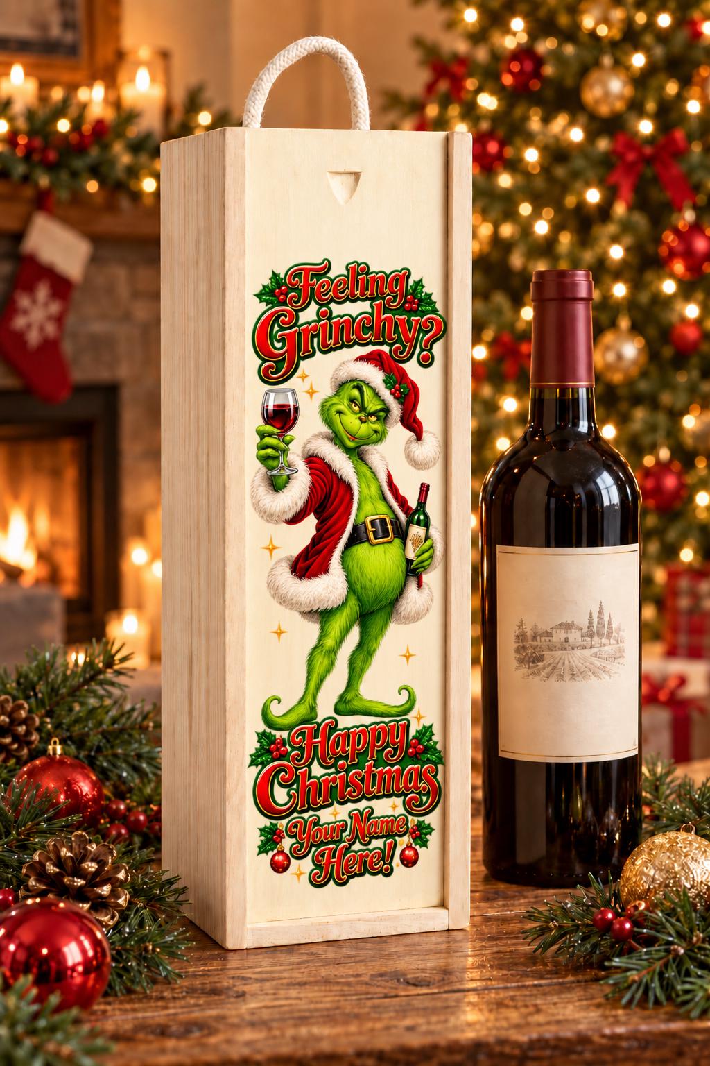 Personalised wooden wine box with rope handle, Feeling Grinchy wording and a green festive character holding a wine glass and bottle.