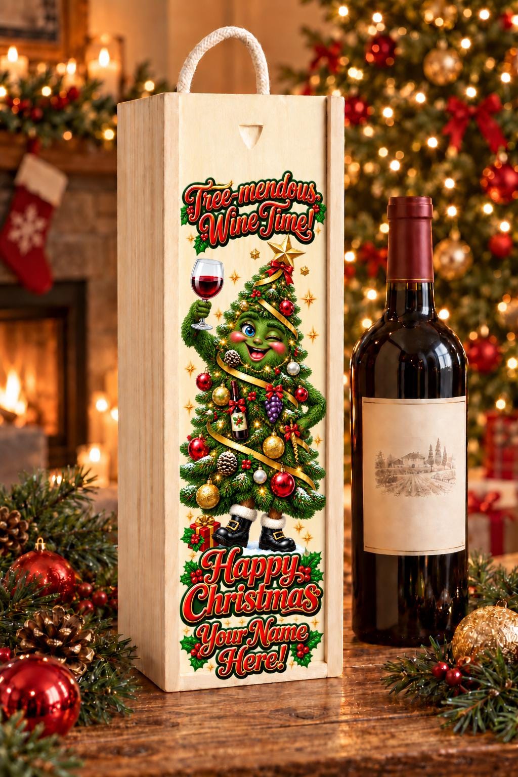 Personalised wooden Christmas wine box with rope handle, colourful Christmas tree character and Tree-mendous Wine Time wording beside a wine bottle.