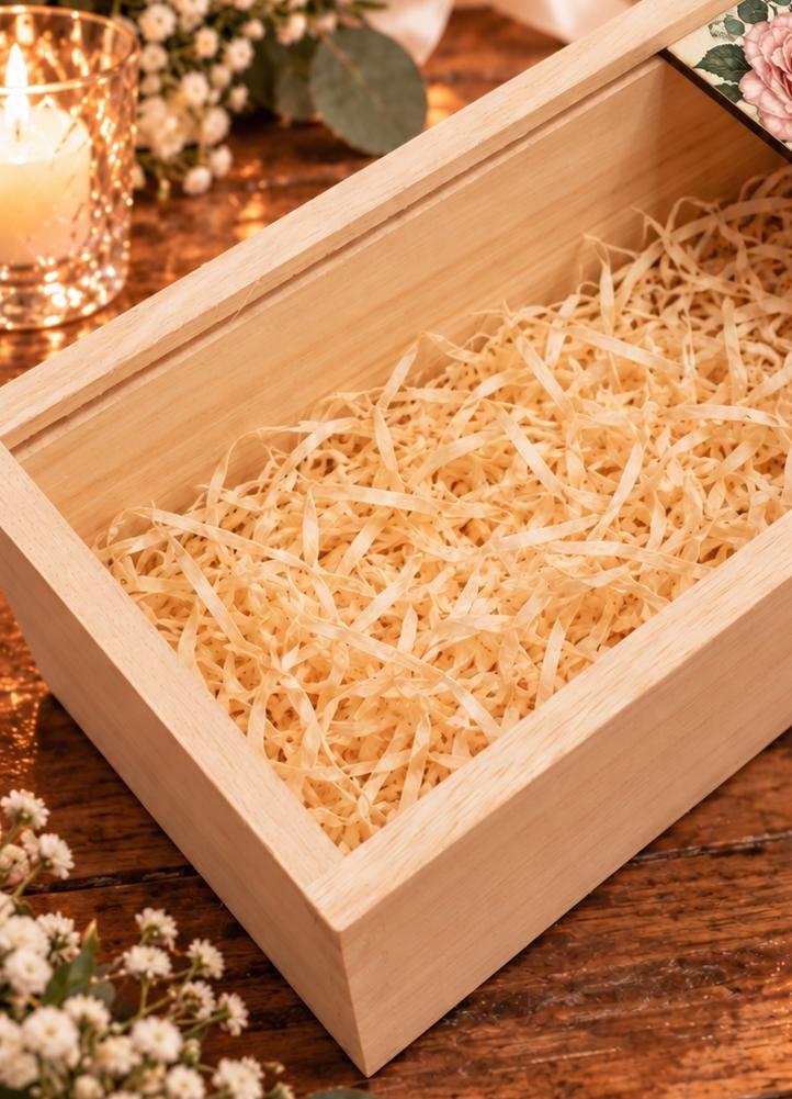 Open wooden gift box with wood wool inside and a partially withdrawn floral sliding lid, surrounded by wedding flowers and candles.