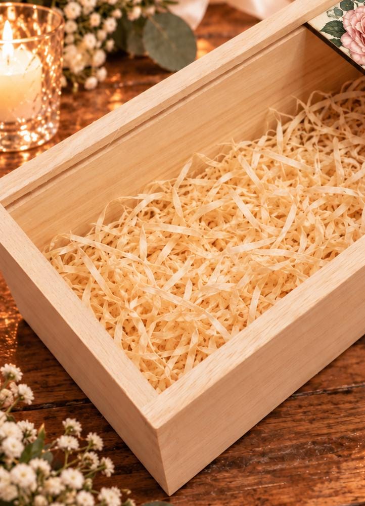Open wooden gift box with wood wool inside and a partially withdrawn floral sliding lid, surrounded by wedding flowers and candles.