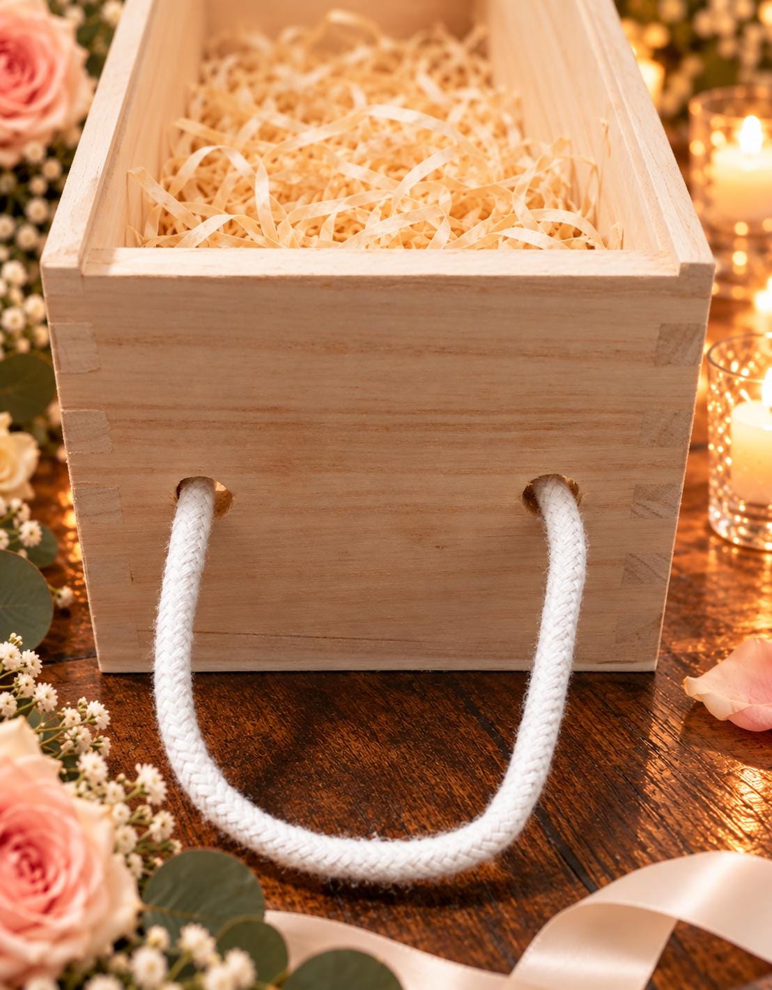 Close-up of the wooden wine box showing its white rope carry handle and open interior lined with natural wood wool.