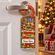 Personalised Santa Please Stop Here Christmas door hanger showing three elves making gifts in a festive workshop.