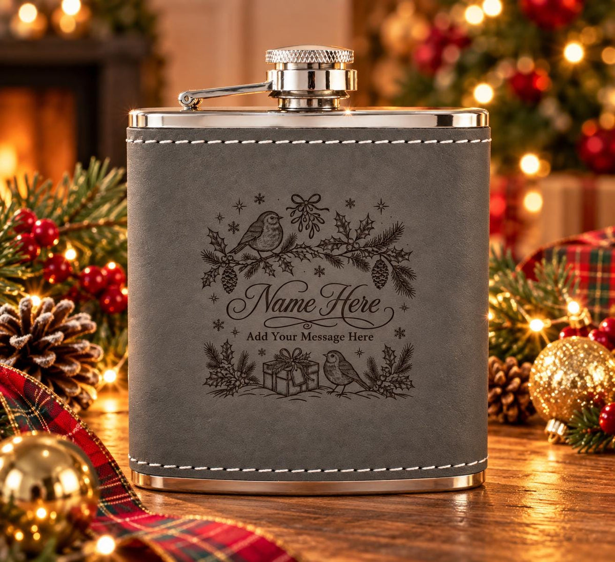 Grey eco leather flask engraved with Christmas robins, a name and message, standing on a table among festive decorations.