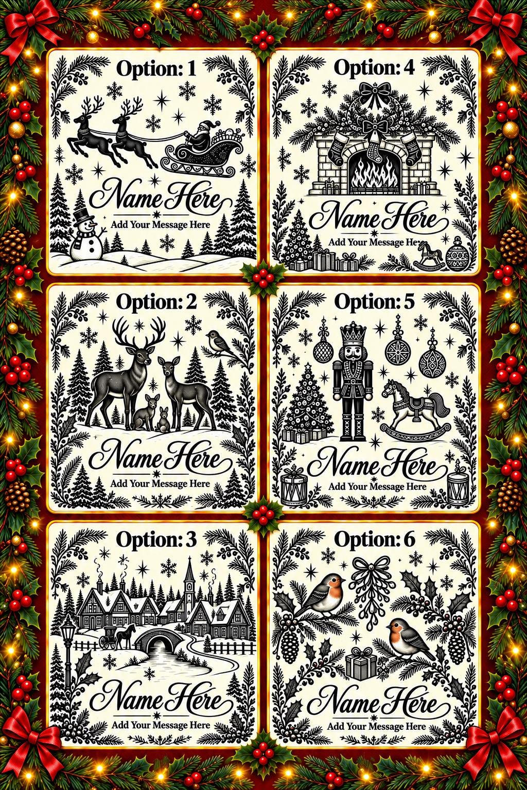 6 Christmas Flask Designs.png: Chart showing six personalised Christmas engraving options: Santa’s sleigh, deer, snowy village, fireplace, nutcracker and robins.