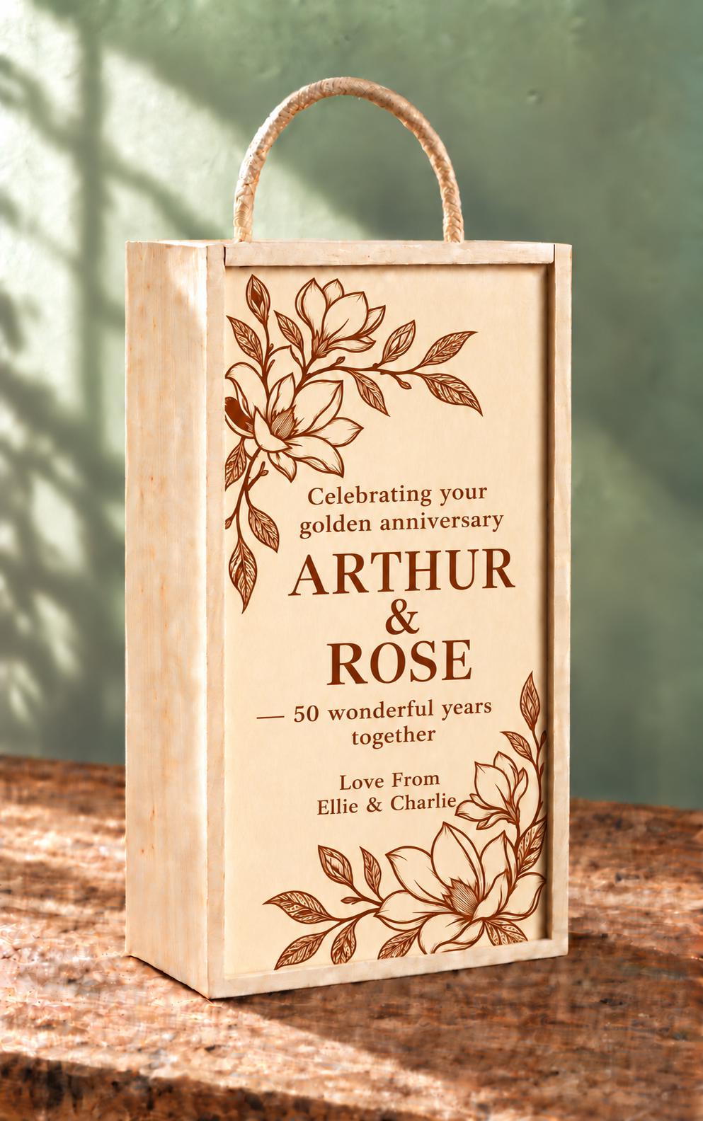 Floral wooden double wine wine, custom engraved with your own personal message